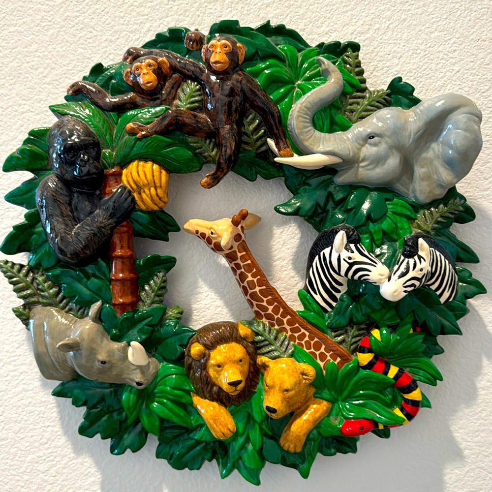 Vintage Jungle animal hand-painted ceramic wreath